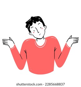 The doodle-style man shrugs. Man shrugging with a curious expression. Vector concept illustration.