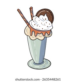 Doodle-style milkshake or ice cream illustration, playful line art, hand drawn in pastel palette. Suitable for cafes, menus, sweet recipes, isolated element on a white background