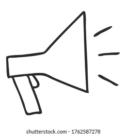 A Doodle-style mouthpiece. A symbol of gossip, spreading knowledge, and information. A simple black and white illustration is hand drawn and isolated on a white background