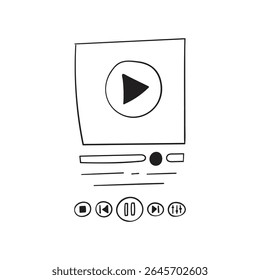 O painel de música estilo doodle do media player. Um esboço desenhado à mão de um modelo de player móvel para música, livros e podcasts