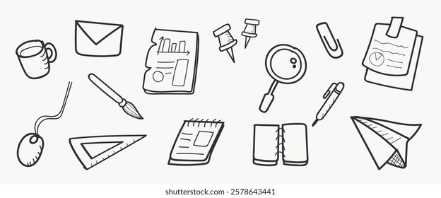 Doodle-style office supplies: envelope, notebook, magnifying glass, pen, paperclip, and more. Sketchy office items for creative and fun design projects. Business startup illustrations, vector set.