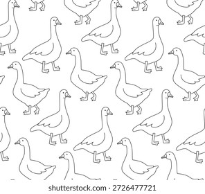 Patrón de estilo Doodle con gansos. Fondo blanco y negro sin fisuras con pájaros de granja