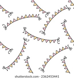 Doodle-style seamless pattern of flags on a string. Festive concept. Hand drawn color vector outline sketch.