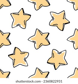 Doodle-style seamless pattern of star. Festive concept. Hand drawn color vector outline sketch.