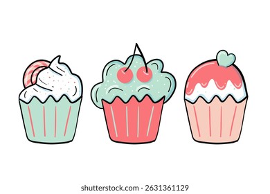 Doodle-style set cupcakes, isolated elements on a white background. Pastel palette. For menus, cafes, sweet bars, and confectioneries. Ideal for birthday party decorations, greeting cards, invitations