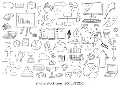 Doodle-style set of productivity, office, and creativity icons. Includes a computer, charts, arrows, a light bulb, a trophy, and more. Hand-drawn black line art on a white background.