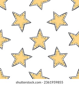 Doodle-style star seamless pattern. Festive concept. Hand drawn vector colored outline pattern. Yellow. 