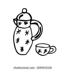 Doodle-style tableware set: jug and cup with snowflake pattern
