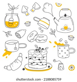 A doodle-style tea set. Black and white image with orange splashes. Stylish hand-drawn design. Original icons, stickers. Cups, teapot and sweets.