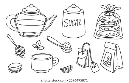 Doodle-style tea set with mugs, teapots, biscuits, lemon, mint and sugar. It is ideal for use in tea packaging design, kitchen accessories, cafes, culinary blogs and restaurants. individual items