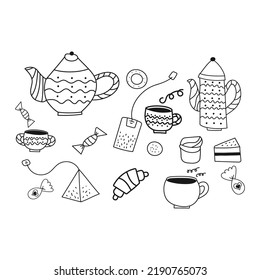 Doodle-style tea set on white background