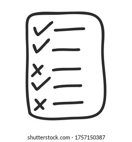 A Doodle-style to-do list. A check-list to mark a task as completed. The icon is hand-drawn and isolated on a white background. Black and white vector illustration.