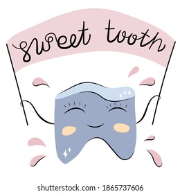 A Doodle-style Tooth Holds An Inscription On The Sweet Tooth Flag. Illustration In Blue And Pink Tones. Vector Drawing. Greeting Cards. You Can Use It As A Logo.