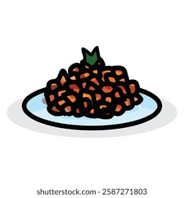 A doodle-style vector of balado potatoes with bold red sauce and crisp texture. A spicy Indonesian dish, illustrated in a playful kids' draw style for Eid al-Fitr.