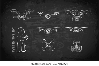 Vector de drones al estilo Doodle con cámaras, un control remoto y una operación de drones en el fondo de la pizarra.