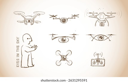 Doodle-style vector of drones with cameras, a remote control, and a drone operatoin beige colors.