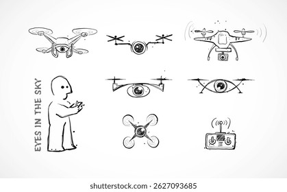 Doodle-style vector illustration of drones with eye-shaped cameras, remote control, and a childlike drone operator on white background