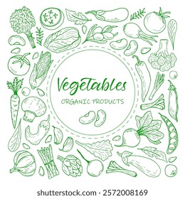 A doodle-style vegetable frame. Background image of organic products with space for text. Corn, tomatoes, beans, asparagus, peppers, carrots, radishes and other farm vegetables.