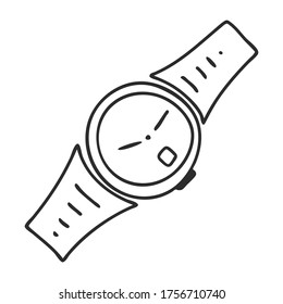 A Doodle-style wristwatch. A symbol of time, haste, and status. Hand drawn and isolated on a white background. Black and white vector illustration