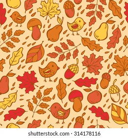 Doodling autumn design. Hand draw seamless pattern with  leaves, mushrooms, birds and fruits, autumn colors.