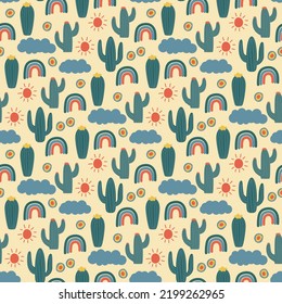 doodling childish seamless pattern with cactuses, rainbow and clouds