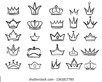 Doodling crown. Ink hand drawn symbols of king elegant imperial monarch vector ink art