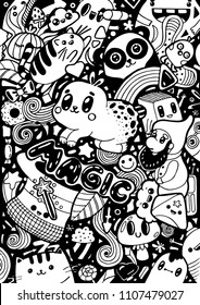 Doodling cute cartoon kawaii characters.  Hand drawn white and black sketch coloring. Vector illustration. Print, tshirt, poster, web, banner