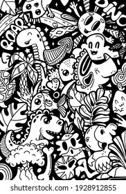 Doodling cute kawaii cartoon characters dinosaurs. Black and white coloring book page, hand drawn background. Vector illustration, print, tshirt, web, poster