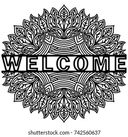 Doodling cute pattern with message Welcome. Hand drawn zenart background for design.