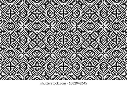 Textura geométrica de garabato. Fondo étnico exótico para el diseño, tapicería, textil, colorante. Resumen de plantilla en blanco negro.