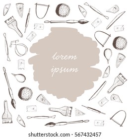 Doodling, hand drawing tools for sculpting, working with clay, pottery wheel and ceramics. Place for your text on a white circle and sepia background. Pottery workshop. Vector illustration.