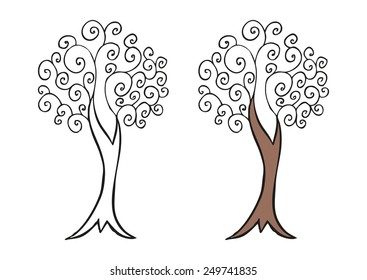 Doodling hand drawn amazing tree with curls, contour and colorful, vector illustration