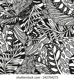 Doodling hand drawn seamless background with feathers and patterns, vector illustration