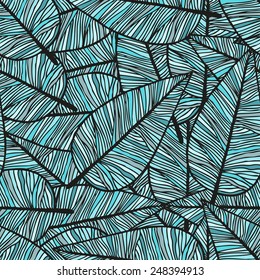 Doodling hand drawn seamless background with colorful feathers and ethnic patterns, vector illustration