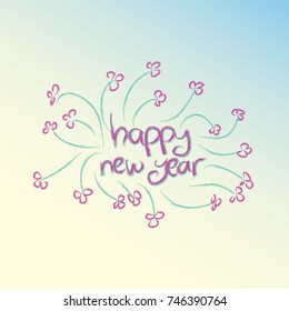 Doodling of Happy New Year with purple flowers