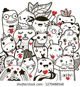 Doodling kawaii hand drawn vector illustration black and white tattoo coloring. Valentine's day greeting card. Cute cartoon characters with red hearts.