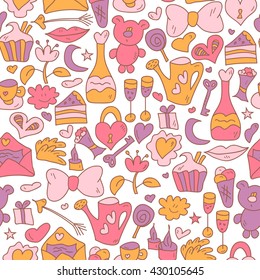 Doodling seamless pattern with love. Romantic set in vector. Cute texture in pastel colors.