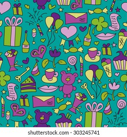 Doodling seamless pattern in vector. Happy birthday party.