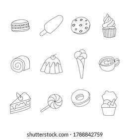 Doodling sweets on white background: candy, ice cream, chocolate, macaroon, biscuit, cookies, cake