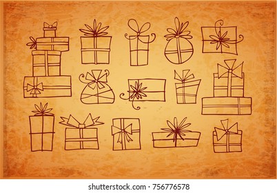 Doodlle sketch gift boxes on vintage background