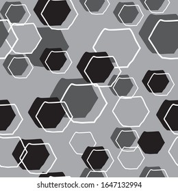 Doodlled hexagons slightly wonky shapes in blacks, whites and grays, vector seamless repeat surface pattern design