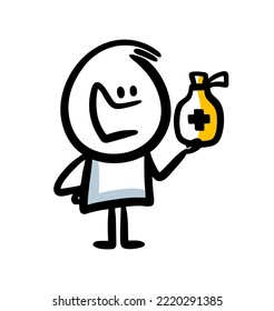 Doole cartoon character with medicine bottle in the hand. Vector illustration of young doctor.