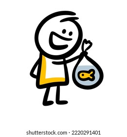 Doole hand drawn character with gold fish in plastic bag. Vector illustration of man and animal.