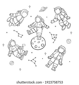 Doole Set kleiner Astronauten. Cartoon Lineare Vektorgrafik-handgezeichnete Symbole einzeln auf weißem Hintergrund.