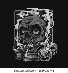 doom high skull halloween black and white illustration