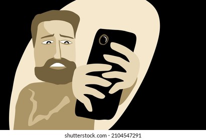 Doomscrolling - act of spending of screen time devoted to the absorption of negative news. Sad and confused person with phone. Vector illustration