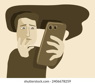 Doomscrolling act - spending of screen time devoted to the absorption of negative news. Sad and confused person with phone. Vector illustration