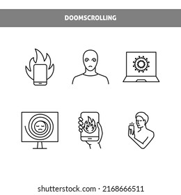 Doomscrolling icon set in line style. Bad news reading symbols. Vector illustration.