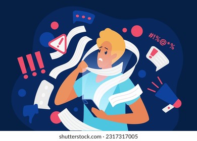 Doomscrolling, psychology problem vector illustration. Cartoon sad man with panic expression surfing information in smartphone, character reading bad negative news flow with anxiety and stress