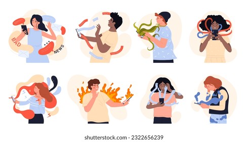 Doomscrolling set vector illustration. Cartoon isolated sad male and female characters scrolling bad news in social media feed, man and woman in panic and fear reading lot of negative news online